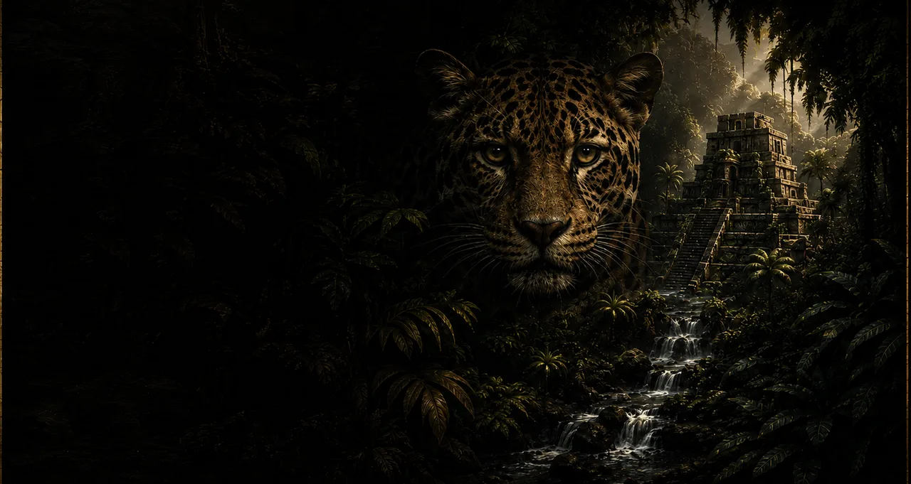 Jaguar in the jungle beside a Mayan temple — the world the ALMA show draws on